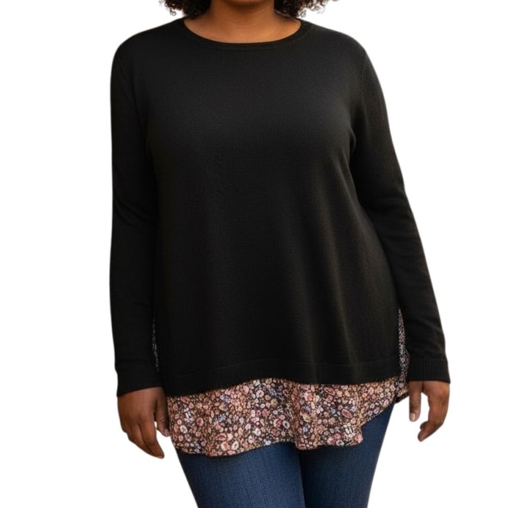LOFT Floral Mixed Media Black Pullover sweater